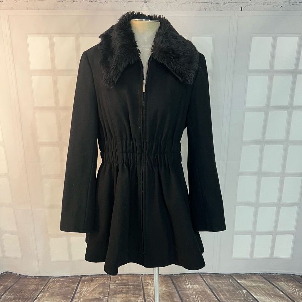 Laundry By Shelli Segal Fur Wide Collared Full Zip Fit & Flare Dress Coat Sz 14